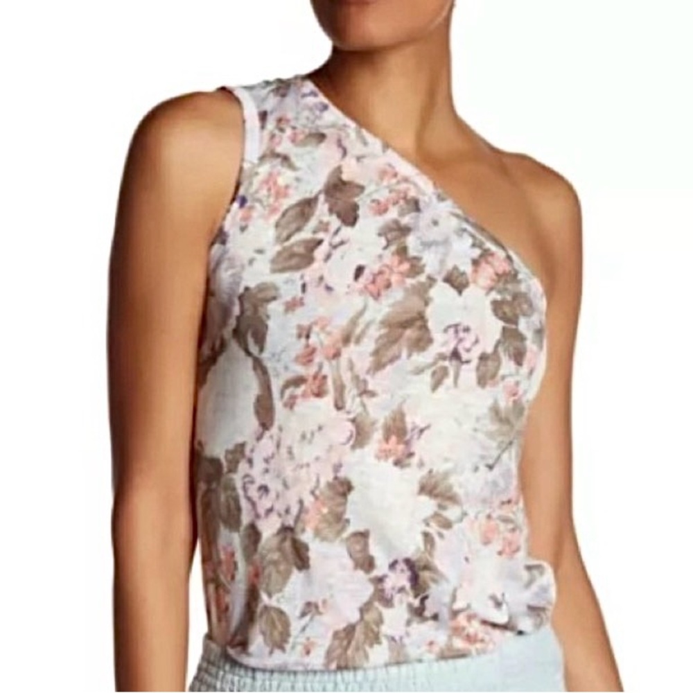 Rebecca Taylor Penelope Linen Jersey Floral One Shoulder Tee Top